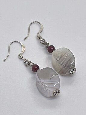 Striped Botswana Agate Curved Earrings and Garnet Bead Dangling Grey and White